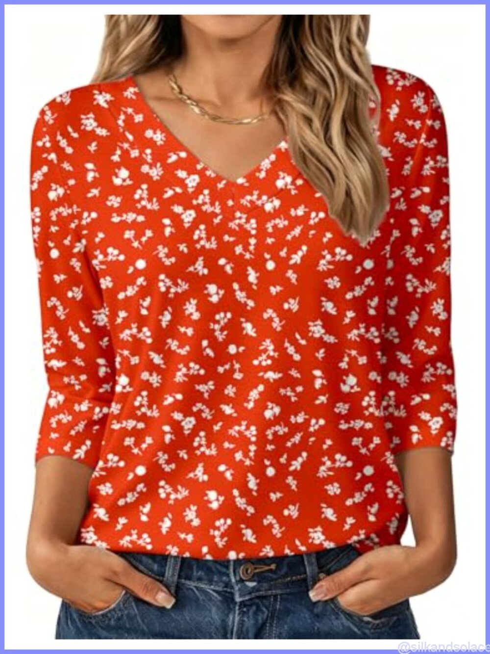 Womens V Neck 3/4 Sleeve Tunic Top Loose Fit Casual Blouse